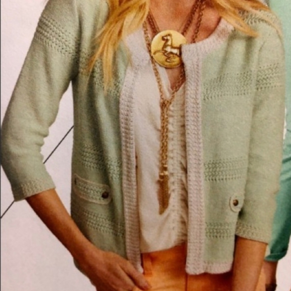 EUC CAbi Mint Green 3/4 Sleeve Knit Cardigan Small 100% Cotton